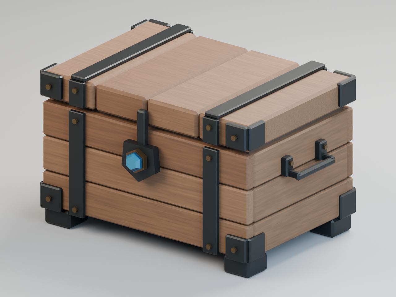 Actual Blender render of an original low-poly wooden chest with beveled planks, dark iron bands, brass fittings and a blue crystal lock.