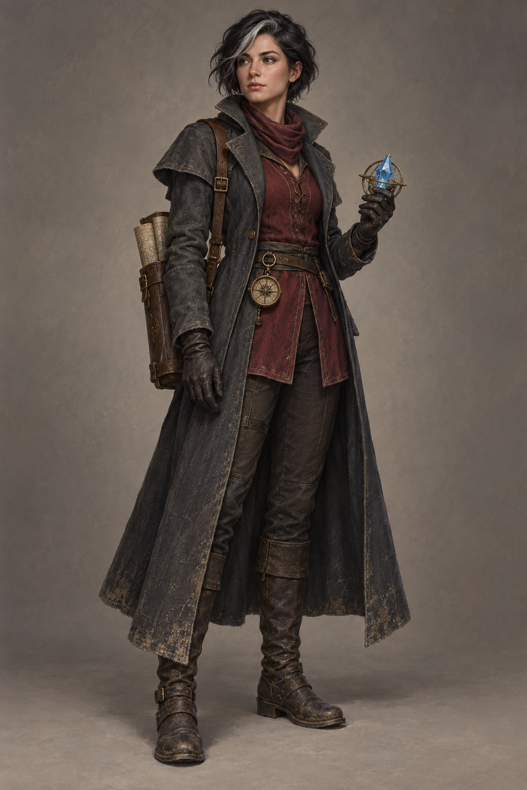 A full-body 2D character concept of a female cartographer wearing a charcoal travel coat, burgundy tunic, map case, and brass compass, holding a blue crystal instrument.