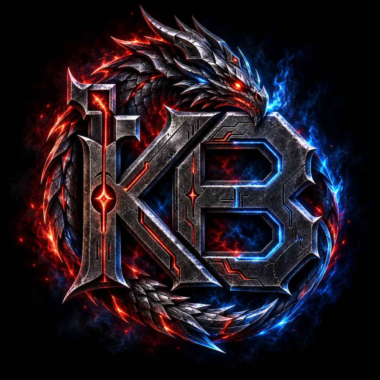 KBytes KB monogram forged in dark metal, encircled by an armored dragon glowing with red and blue fire.