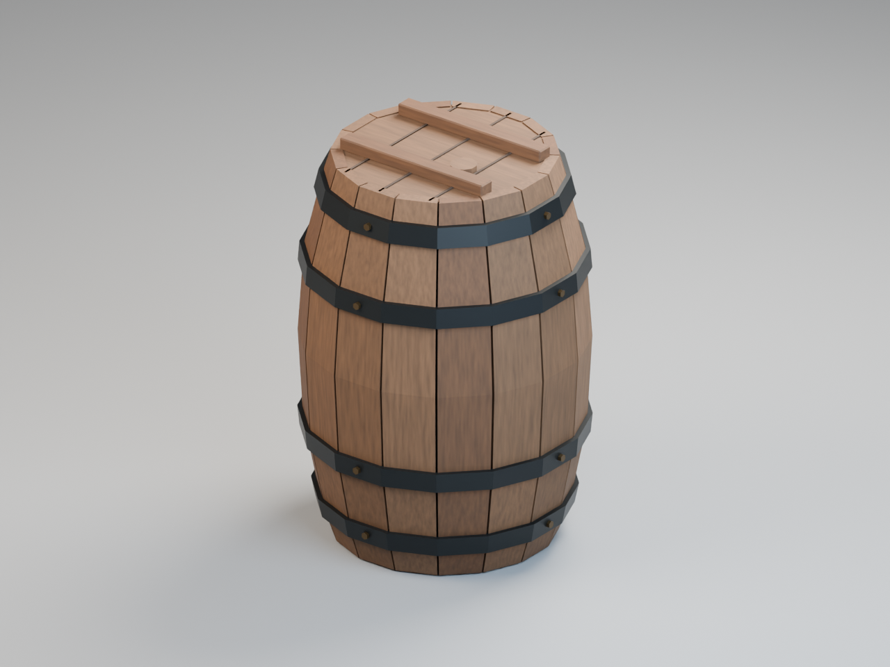 Actual 3D render: Sixteen shaped wood staves, four forged hoops, a fitted lid and a wooden bung.