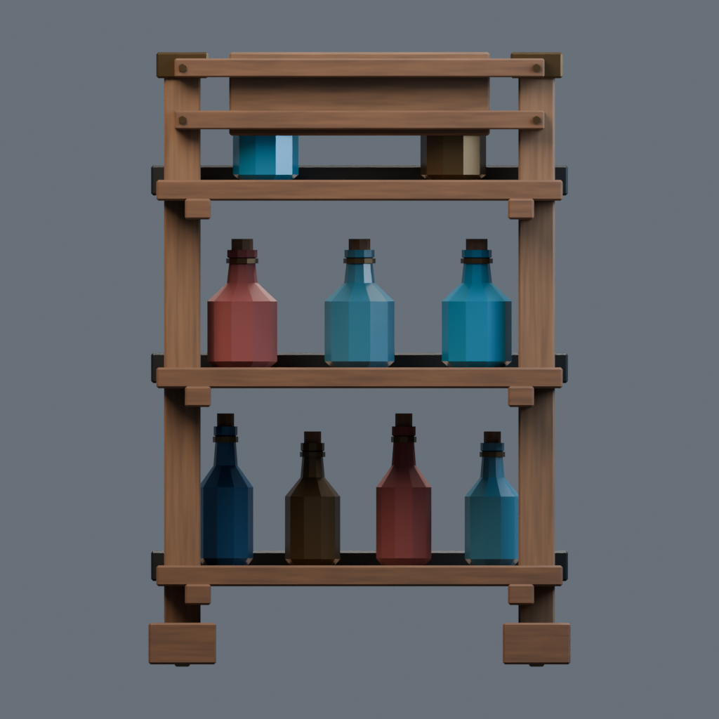 Back orthographic render of the potion display stand model.