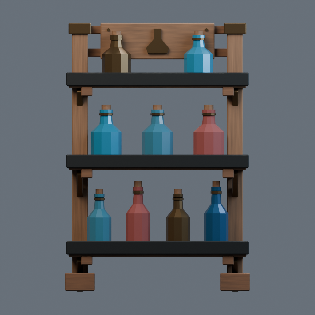 Front orthographic render of the potion display stand model.
