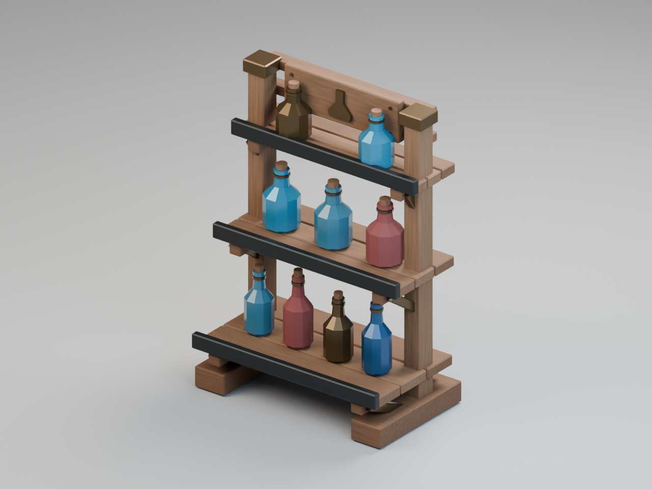 Actual 3D render: A stepped display with nine opaque stylized bottles and a brass potion emblem.