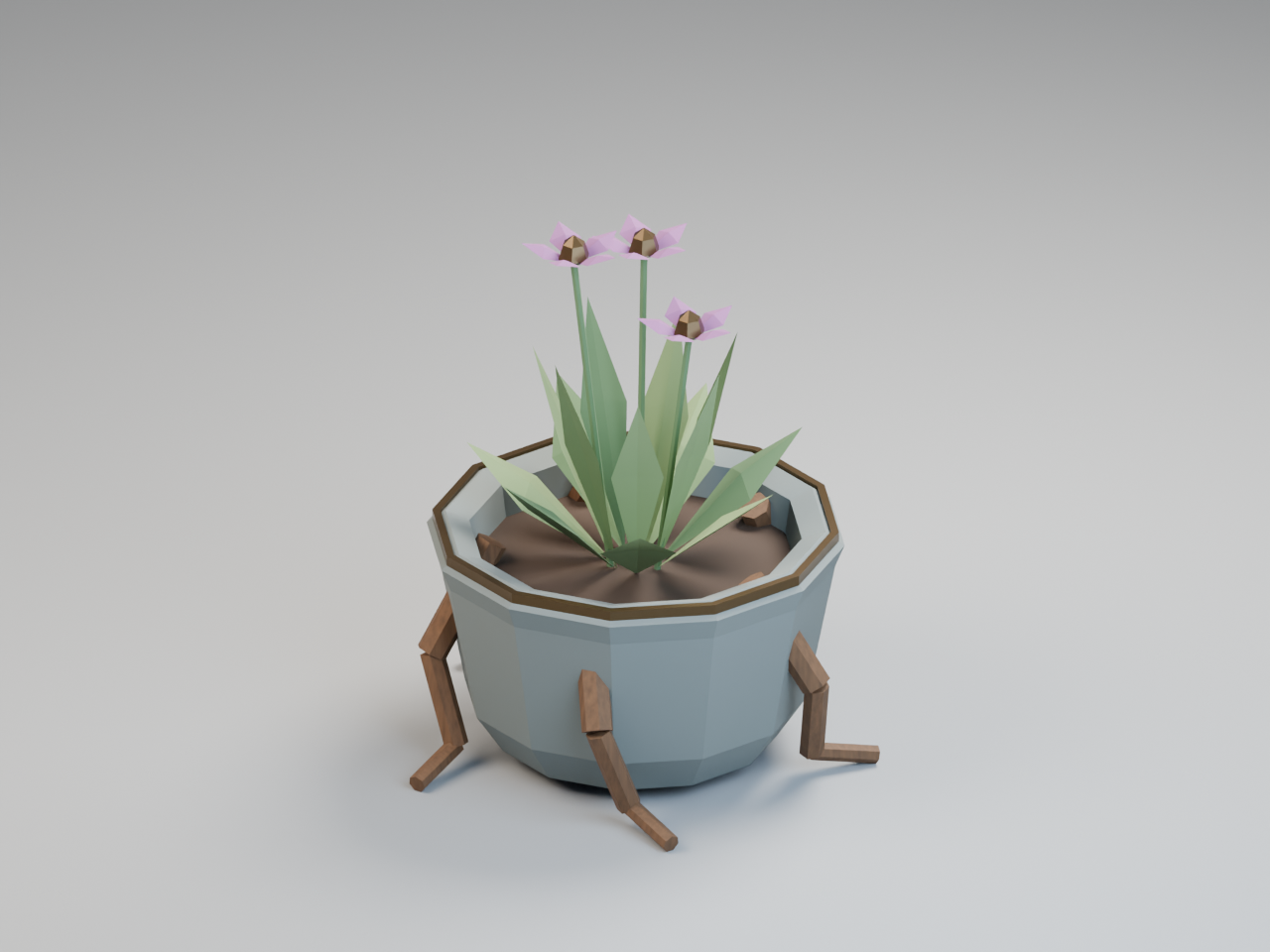 Actual 3D render: A faceted stone planter with angular wooden roots, sage leaves and purple flowers.