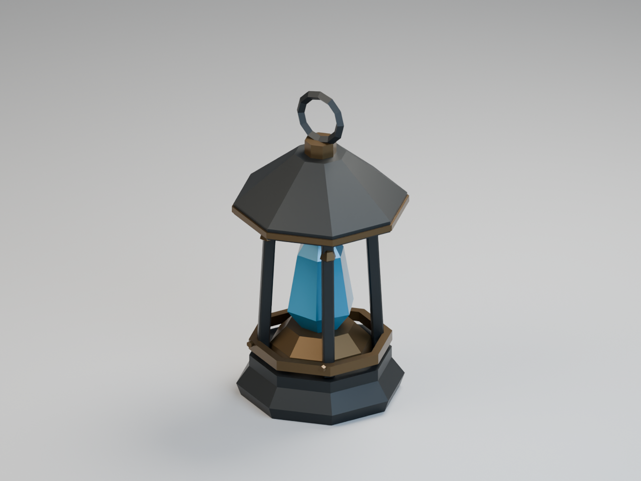 Actual 3D render: A faceted blue sap crystal in a forged-metal cage, with a brass cradle and carry ring.