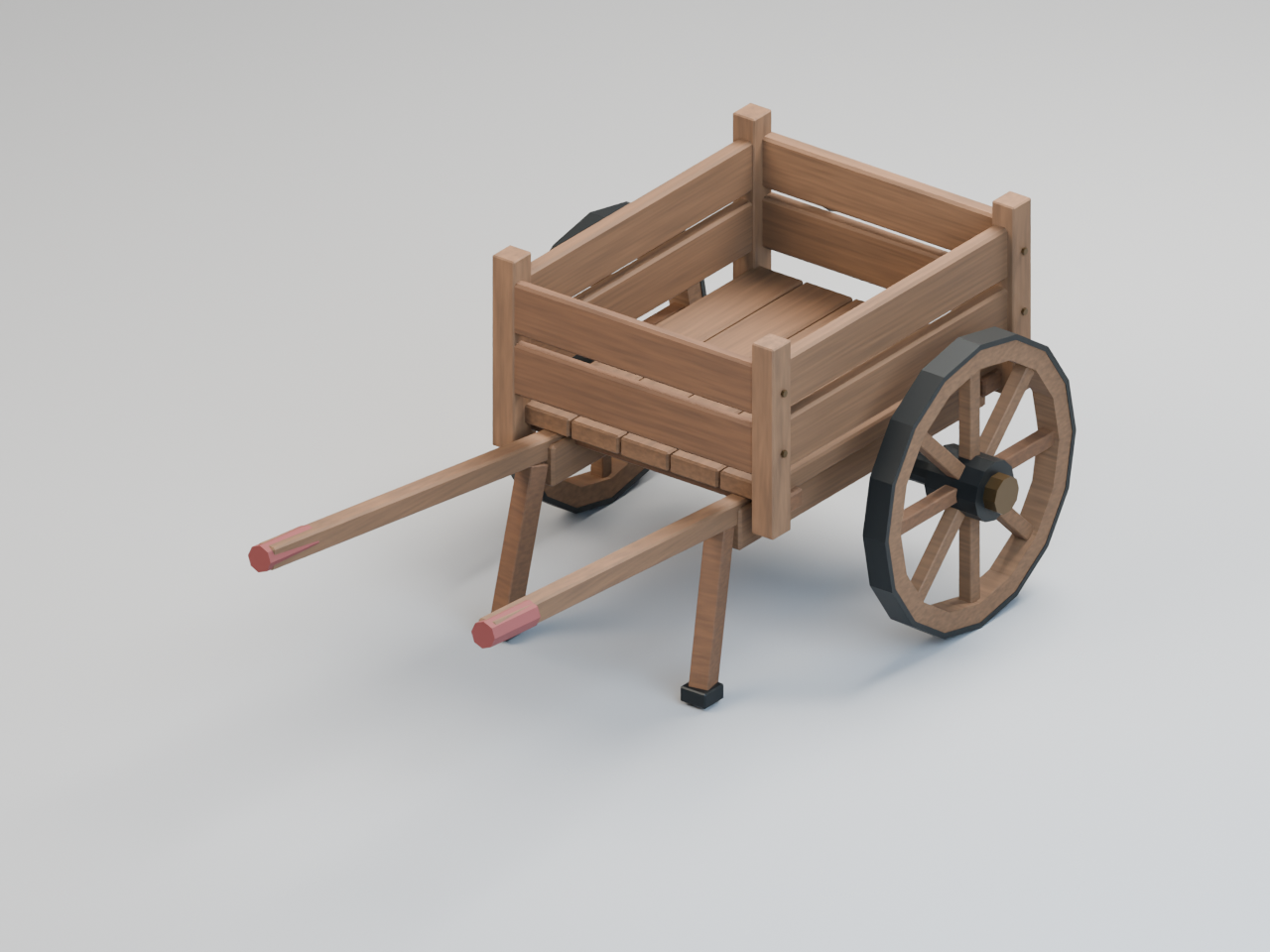 Actual 3D render: A two-wheel handcart with eight-spoke wheels, iron tires, pull shafts and parking supports.