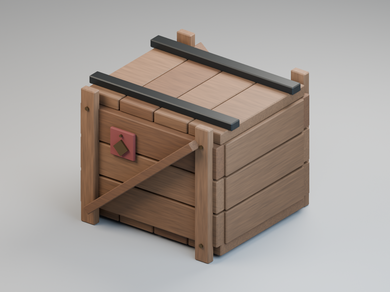 Actual 3D render: A closed plank crate with diagonal braces, metal battens and a brass shipping mark.