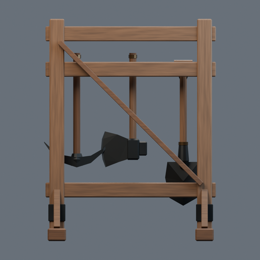 Back orthographic render of the settlement tool rack model.