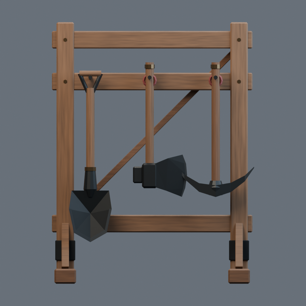Front orthographic render of the settlement tool rack model.