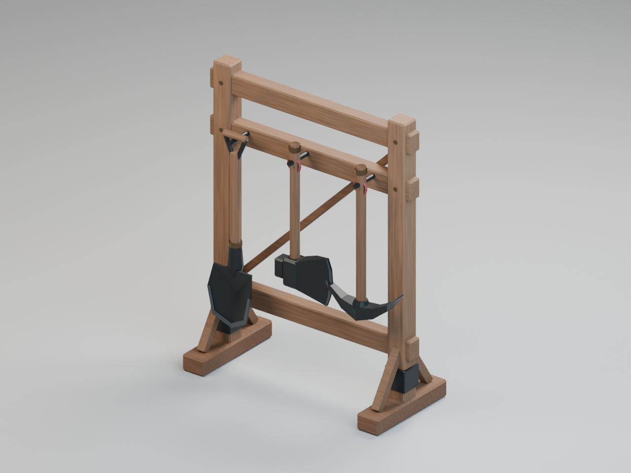 Actual 3D render: A freestanding rack holding a shovel, axe and pick, with pegs and leather suspension loops.