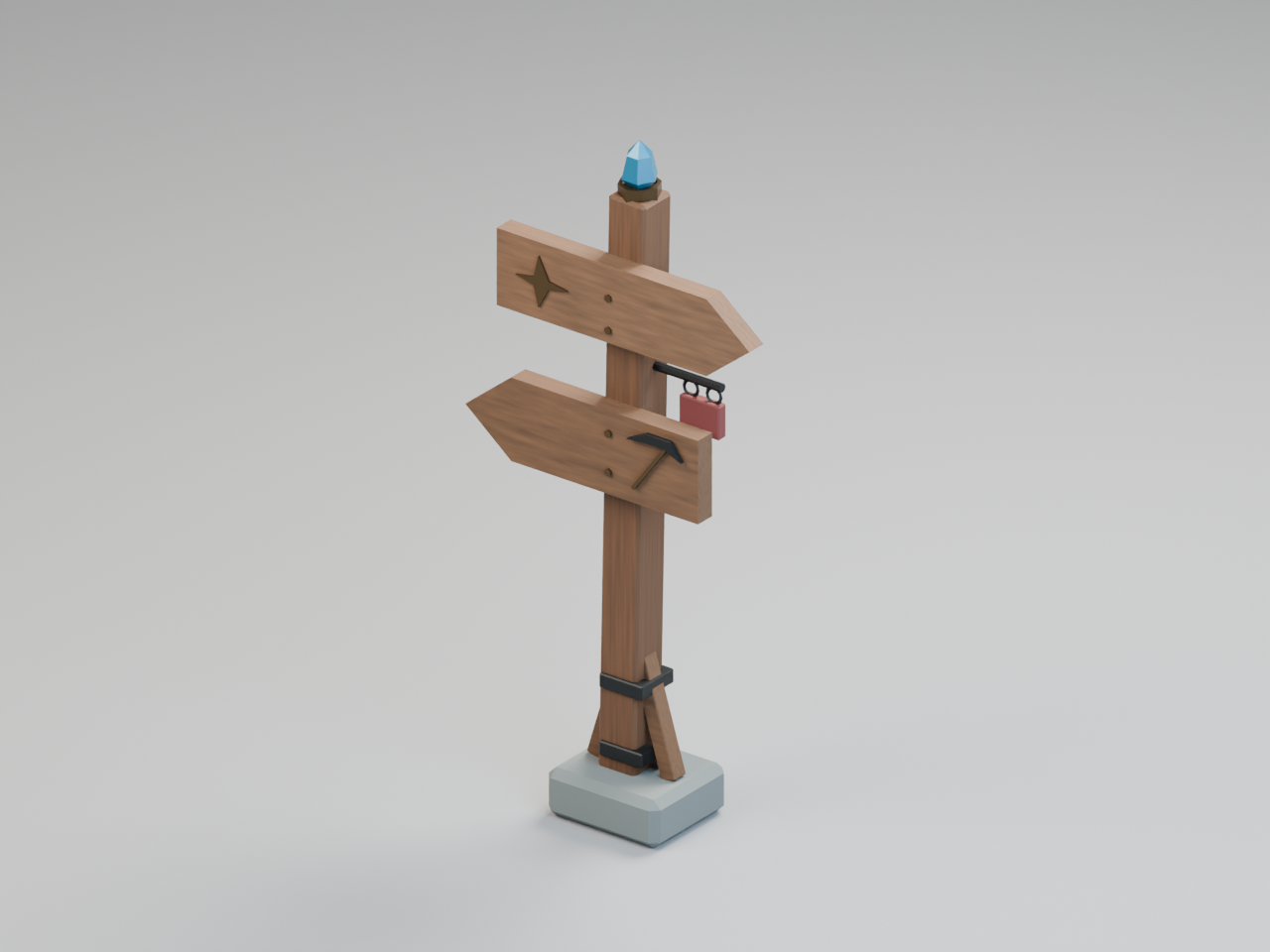 Actual 3D render: A timber waymarker with two carved arrows, compass and pick symbols, and a blue crystal finial.