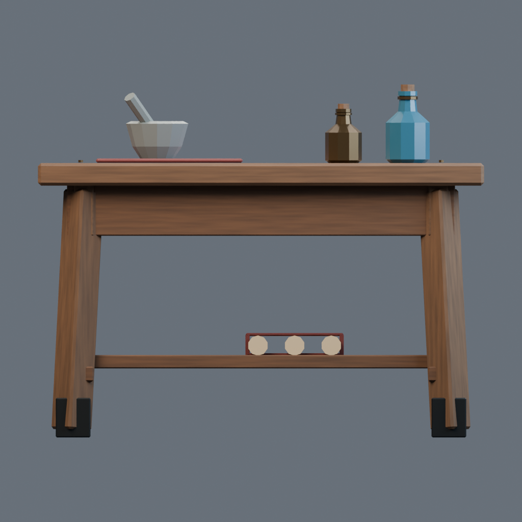 Back orthographic render of the apothecary workbench model.