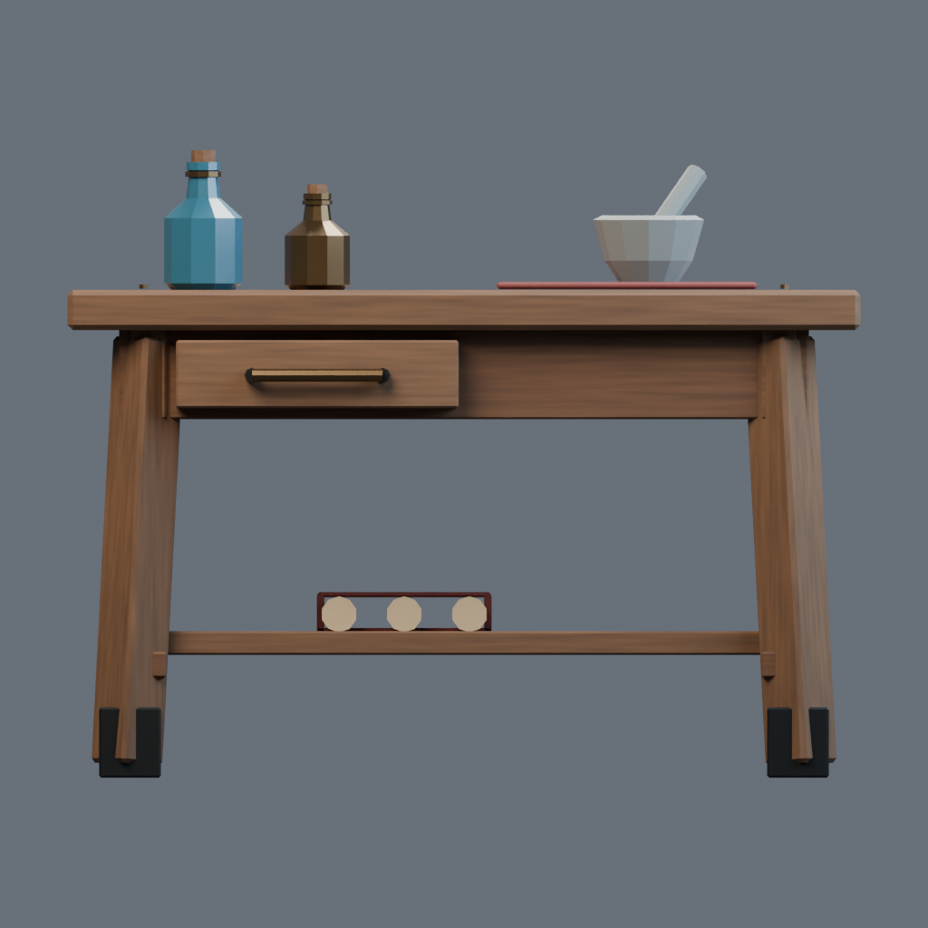 Front orthographic render of the apothecary workbench model.