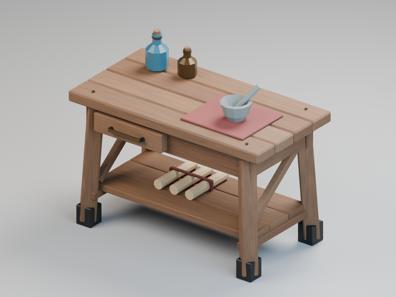 Actual 3D render: A timber workbench with a drawer, storage shelf, jars, mortar, pestle and work mat.