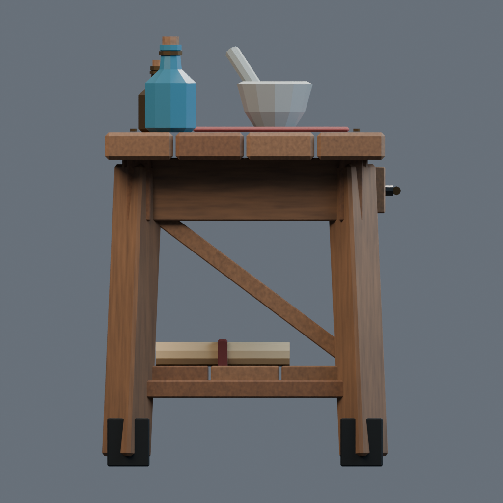 Left orthographic render of the apothecary workbench model.