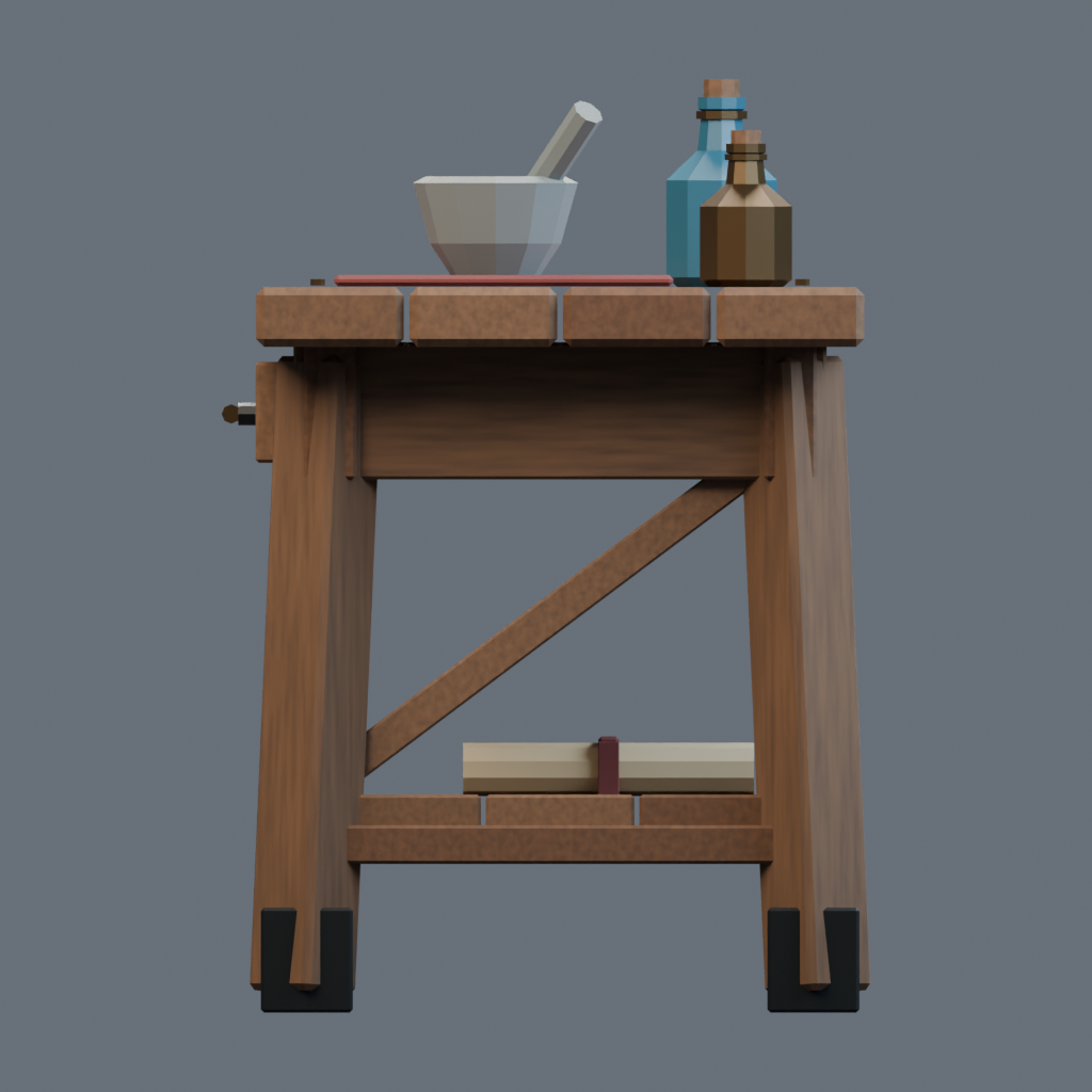 Right orthographic render of the apothecary workbench model.